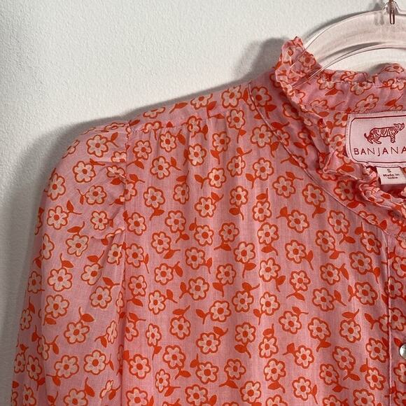 Banjanan Blouse Scattered Flowers Lightweight ruffles Women's Small Pink - Picture 7 of 14